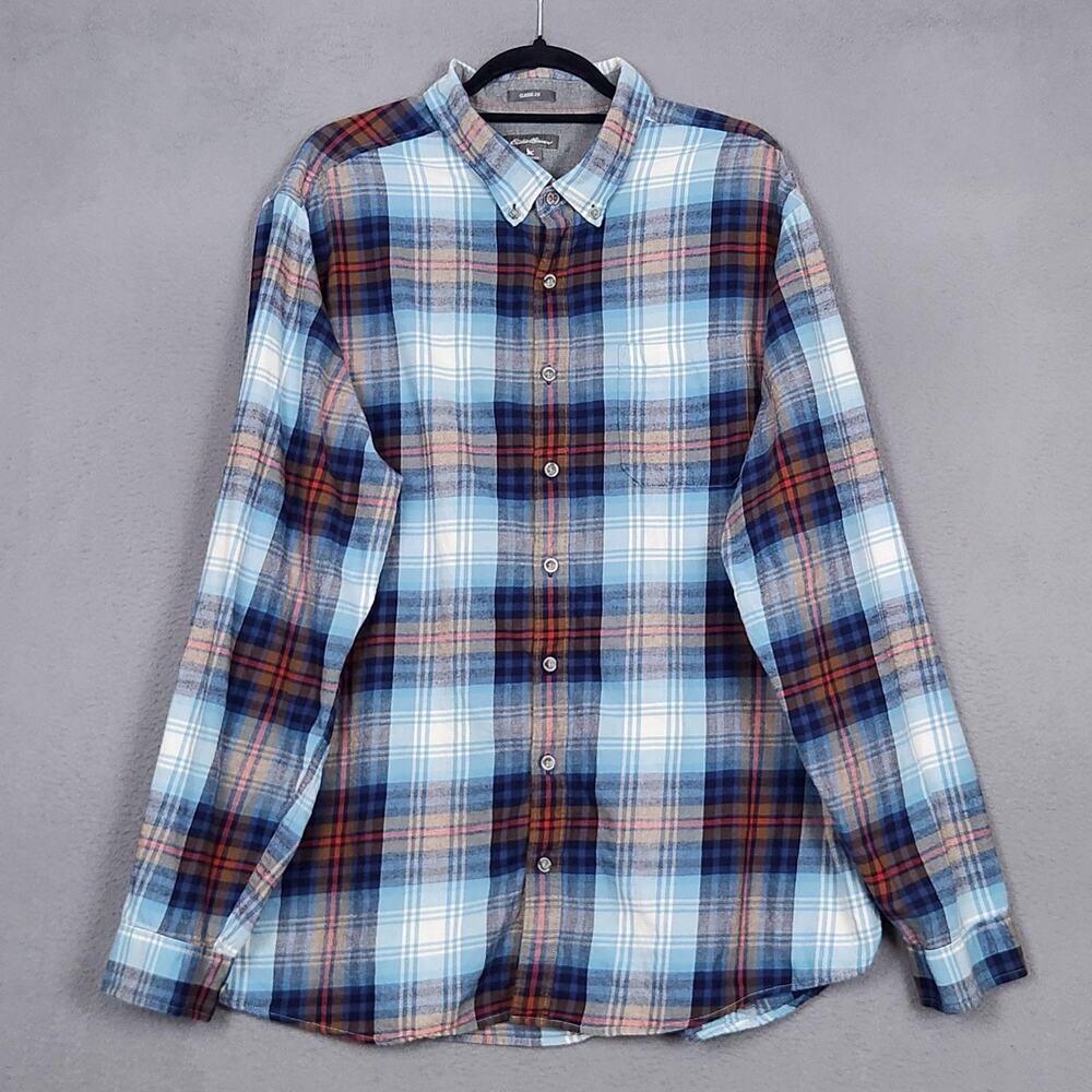 Eddie Bauer Shirt Mens 2XLT Blue Plaid Flannel Classic Fit Button Down